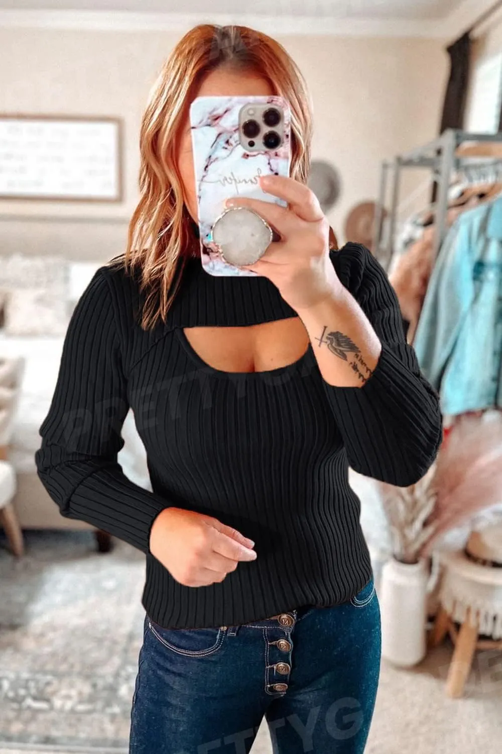PRETTYGARDEN Women's 2025 Fashion Fall Clothes 2 Piece Cutout Tops Long Sleeve Mock Neck Rib Knit Winter Pullover Sweater