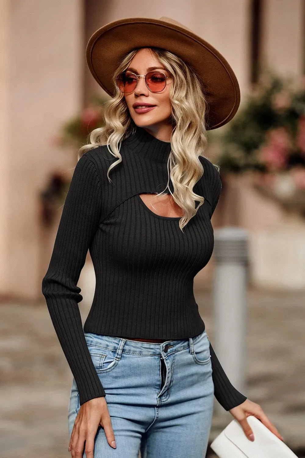 PRETTYGARDEN Women's 2025 Fashion Fall Clothes 2 Piece Cutout Tops Long Sleeve Mock Neck Rib Knit Winter Pullover Sweater
