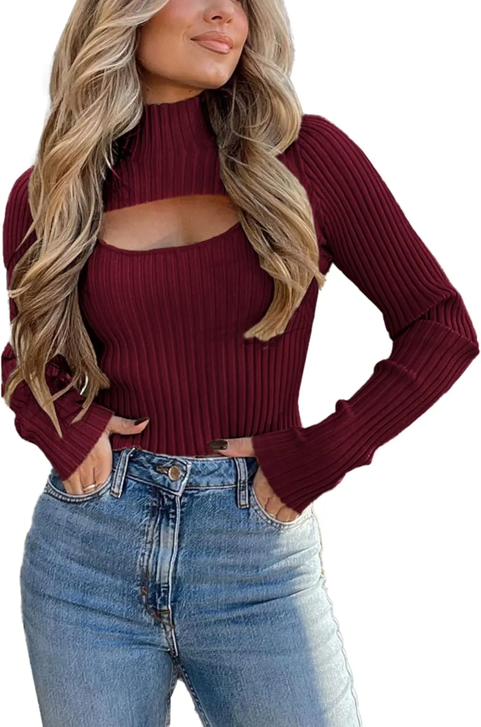 PRETTYGARDEN Women's 2025 Fashion Fall Clothes 2 Piece Cutout Tops Long Sleeve Mock Neck Rib Knit Winter Pullover Sweater