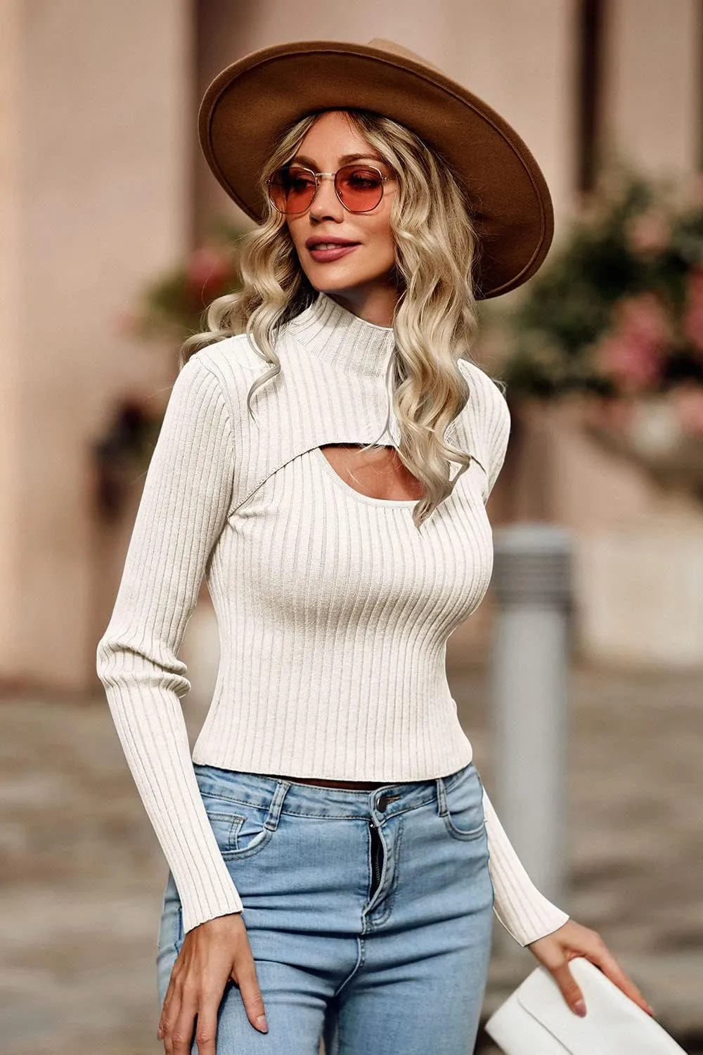 PRETTYGARDEN Women's 2025 Fashion Fall Clothes 2 Piece Cutout Tops Long Sleeve Mock Neck Rib Knit Winter Pullover Sweater