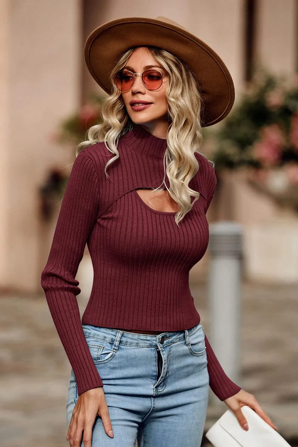 PRETTYGARDEN Women's 2025 Fashion Fall Clothes 2 Piece Cutout Tops Long Sleeve Mock Neck Rib Knit Winter Pullover Sweater