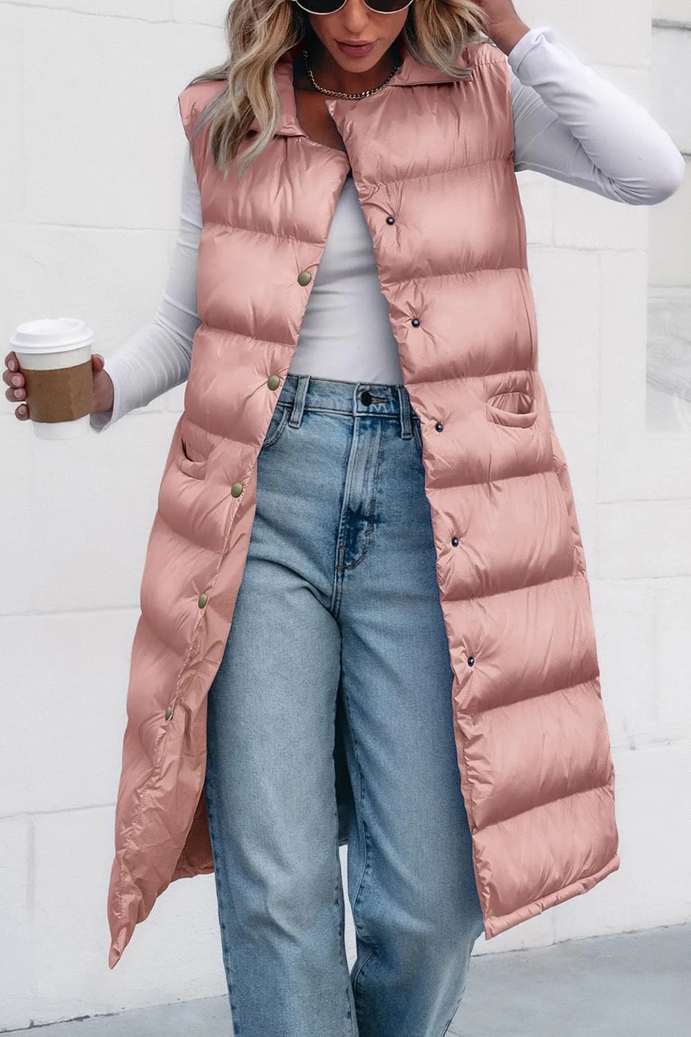 PRETTYGARDEN Women's Fall Long Puffer Vest Collared Sleeveless Button Down Warm Jackets Coat Casual Trendy Winter Outerwear