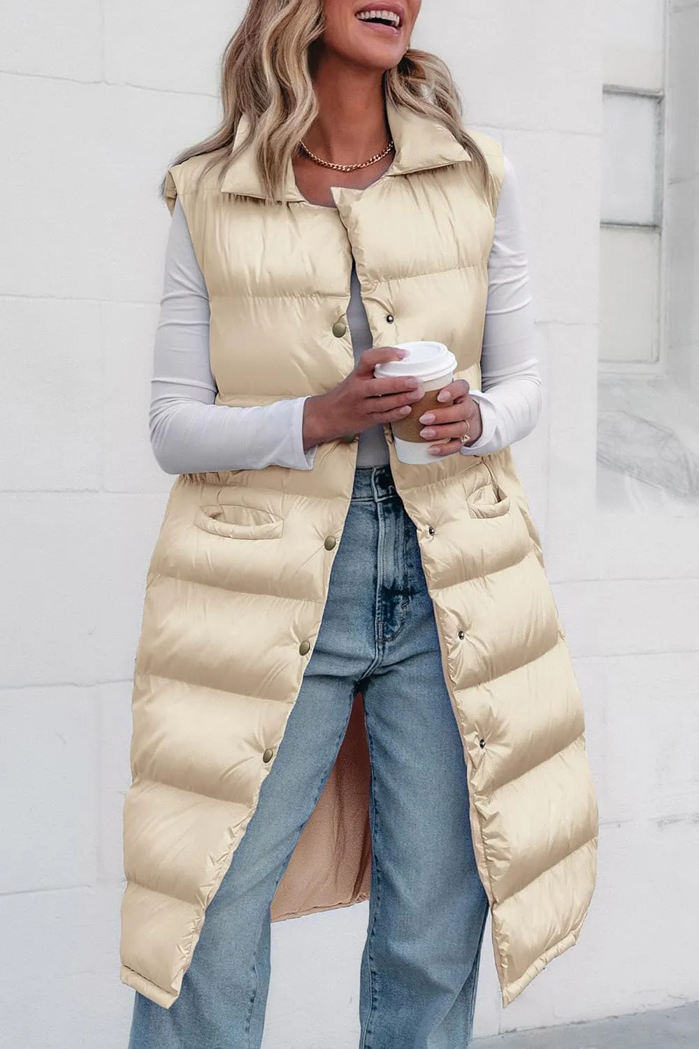 PRETTYGARDEN Women's Fall Long Puffer Vest Collared Sleeveless Button Down Warm Jackets Coat Casual Trendy Winter Outerwear