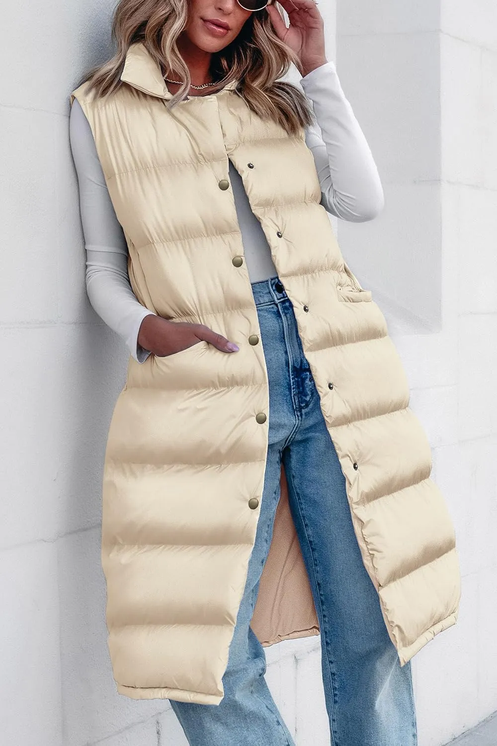 PRETTYGARDEN Women's Fall Long Puffer Vest Collared Sleeveless Button Down Warm Jackets Coat Casual Trendy Winter Outerwear