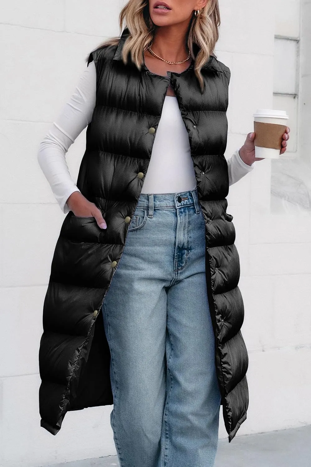 PRETTYGARDEN Women's Fall Long Puffer Vest Collared Sleeveless Button Down Warm Jackets Coat Casual Trendy Winter Outerwear