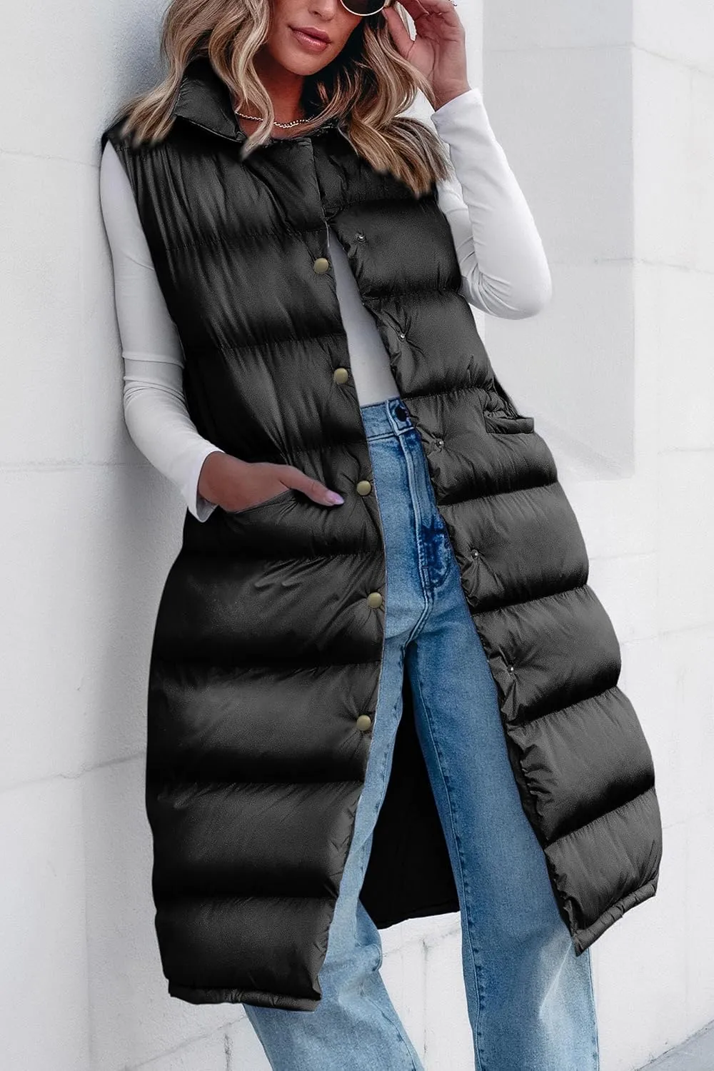 PRETTYGARDEN Women's Fall Long Puffer Vest Collared Sleeveless Button Down Warm Jackets Coat Casual Trendy Winter Outerwear
