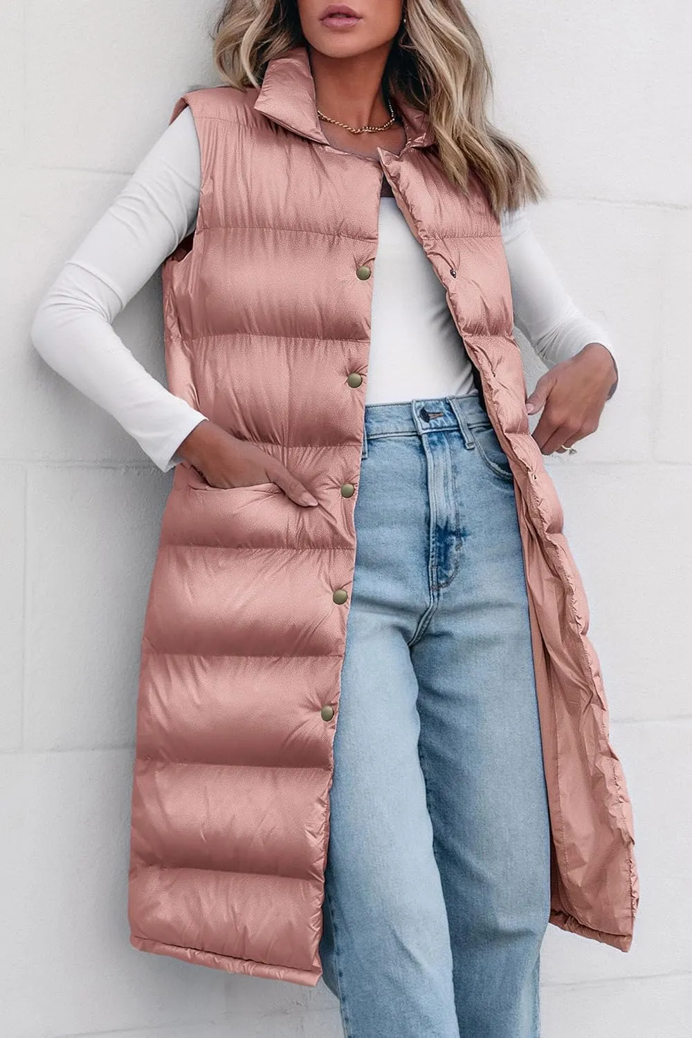 PRETTYGARDEN Women's Fall Long Puffer Vest Collared Sleeveless Button Down Warm Jackets Coat Casual Trendy Winter Outerwear