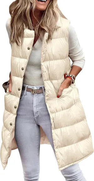 PRETTYGARDEN Women's Fall Long Puffer Vest Collared Sleeveless Button Down Warm Jackets Coat Casual Trendy Winter Outerwear