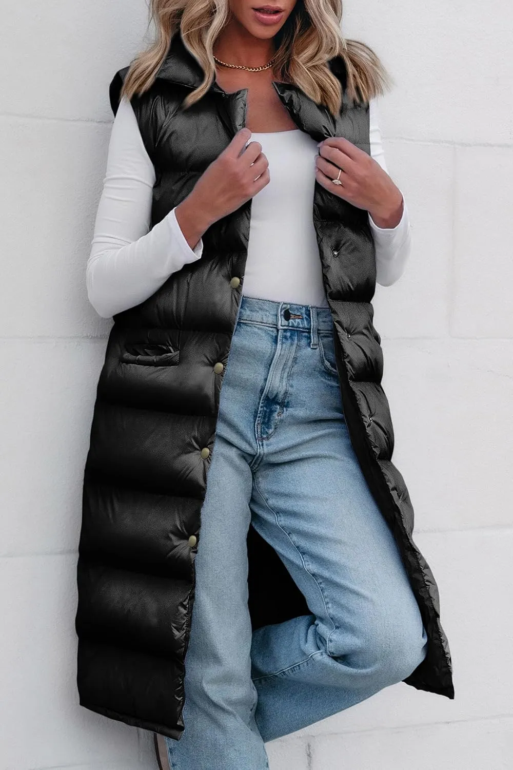 PRETTYGARDEN Women's Fall Long Puffer Vest Collared Sleeveless Button Down Warm Jackets Coat Casual Trendy Winter Outerwear