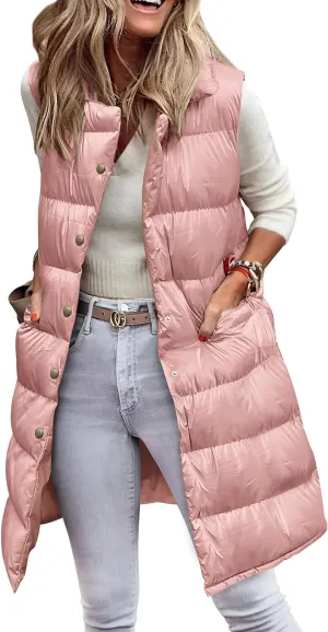 PRETTYGARDEN Women's Fall Long Puffer Vest Collared Sleeveless Button Down Warm Jackets Coat Casual Trendy Winter Outerwear