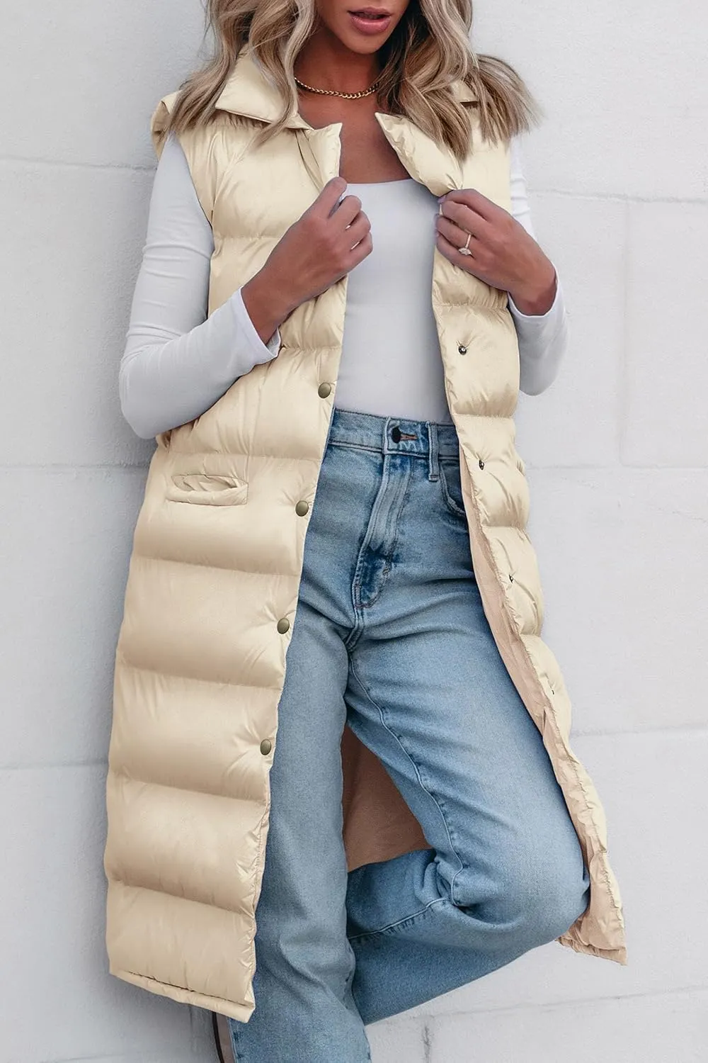 PRETTYGARDEN Women's Fall Long Puffer Vest Collared Sleeveless Button Down Warm Jackets Coat Casual Trendy Winter Outerwear