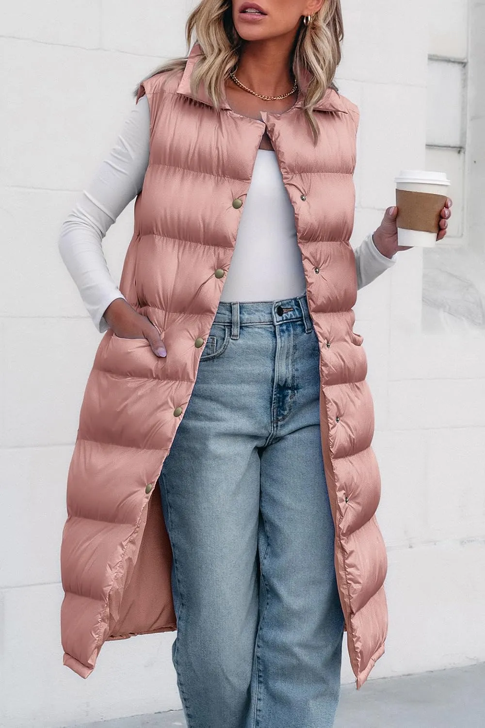 PRETTYGARDEN Women's Fall Long Puffer Vest Collared Sleeveless Button Down Warm Jackets Coat Casual Trendy Winter Outerwear