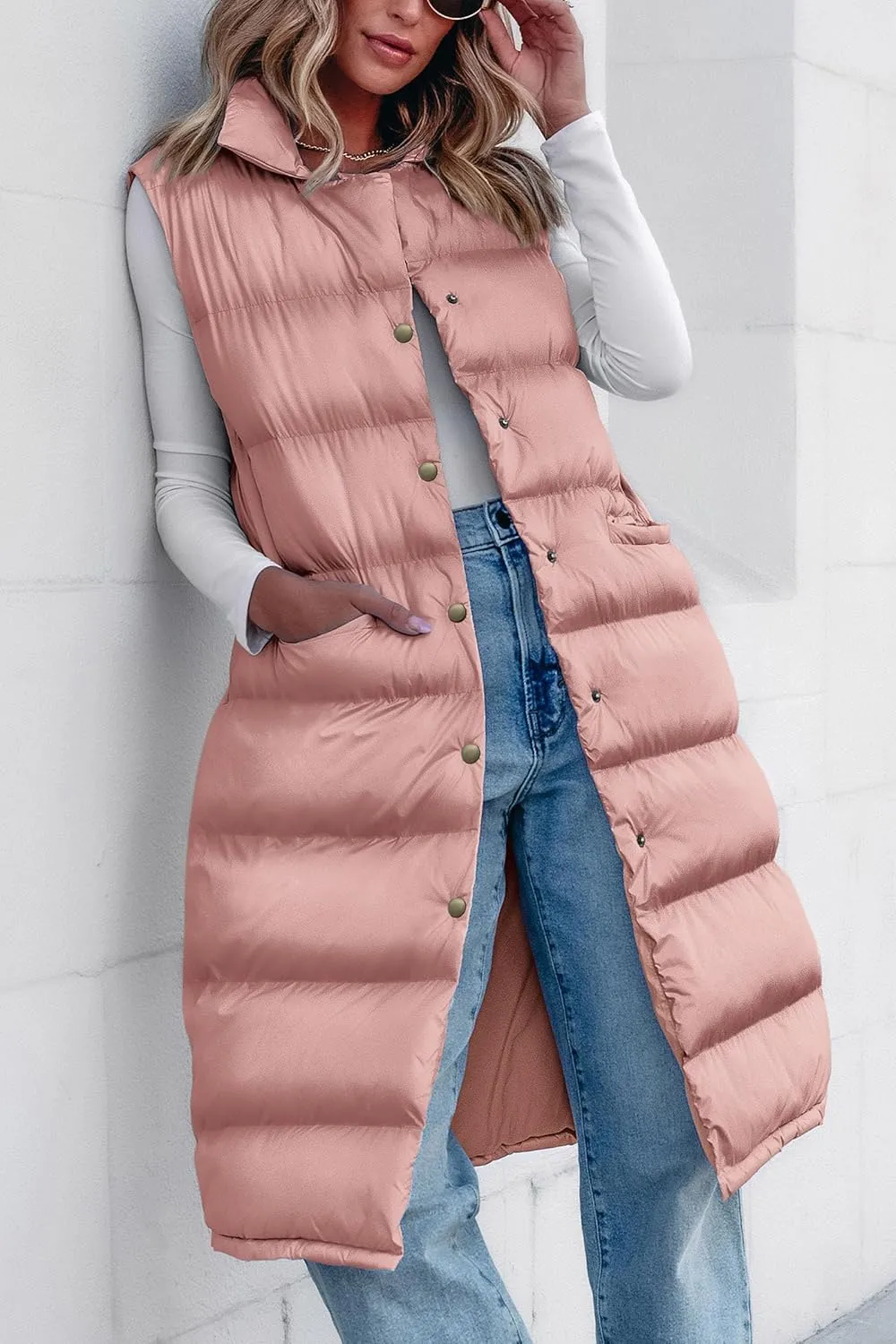 PRETTYGARDEN Women's Fall Long Puffer Vest Collared Sleeveless Button Down Warm Jackets Coat Casual Trendy Winter Outerwear