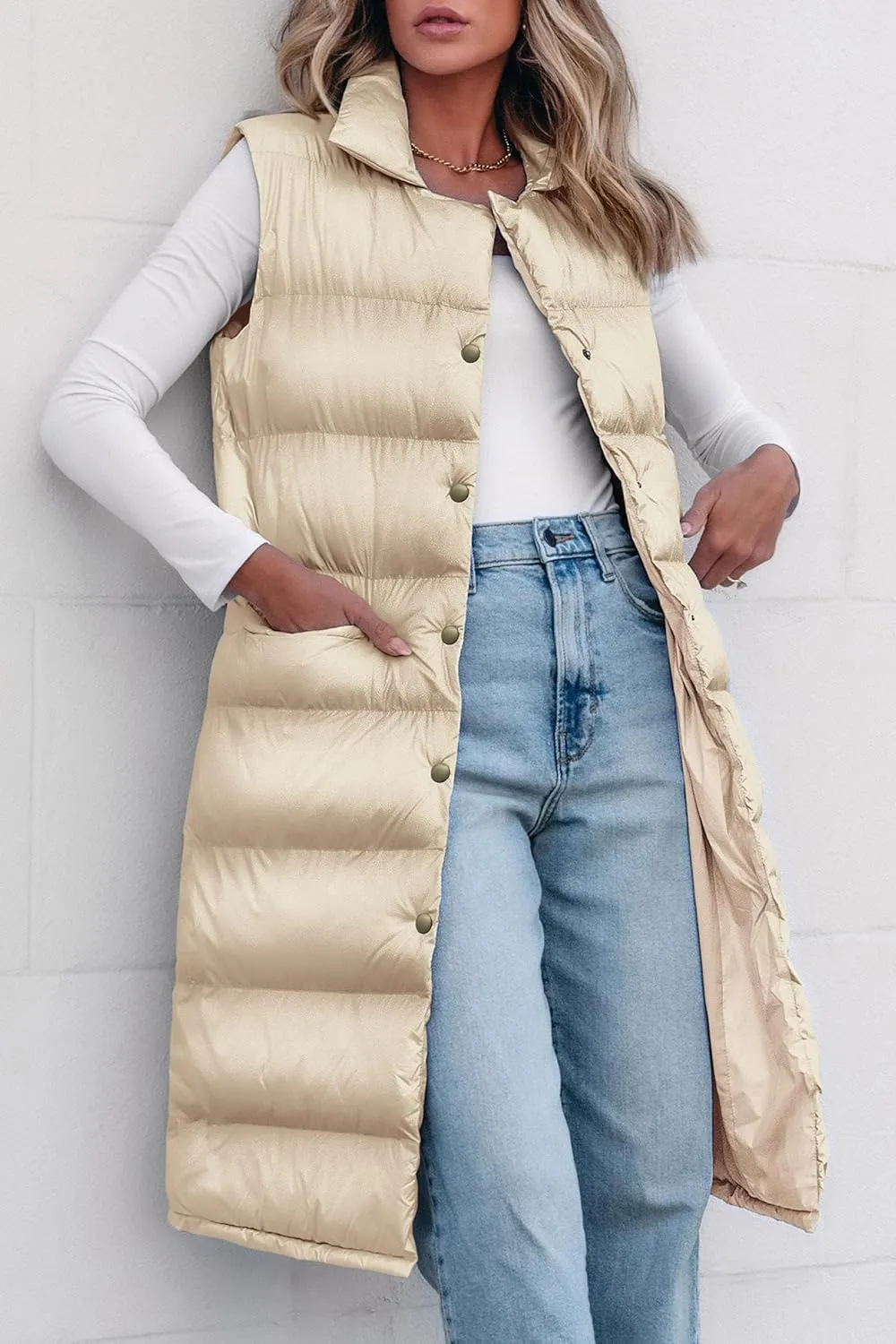 PRETTYGARDEN Women's Fall Long Puffer Vest Collared Sleeveless Button Down Warm Jackets Coat Casual Trendy Winter Outerwear