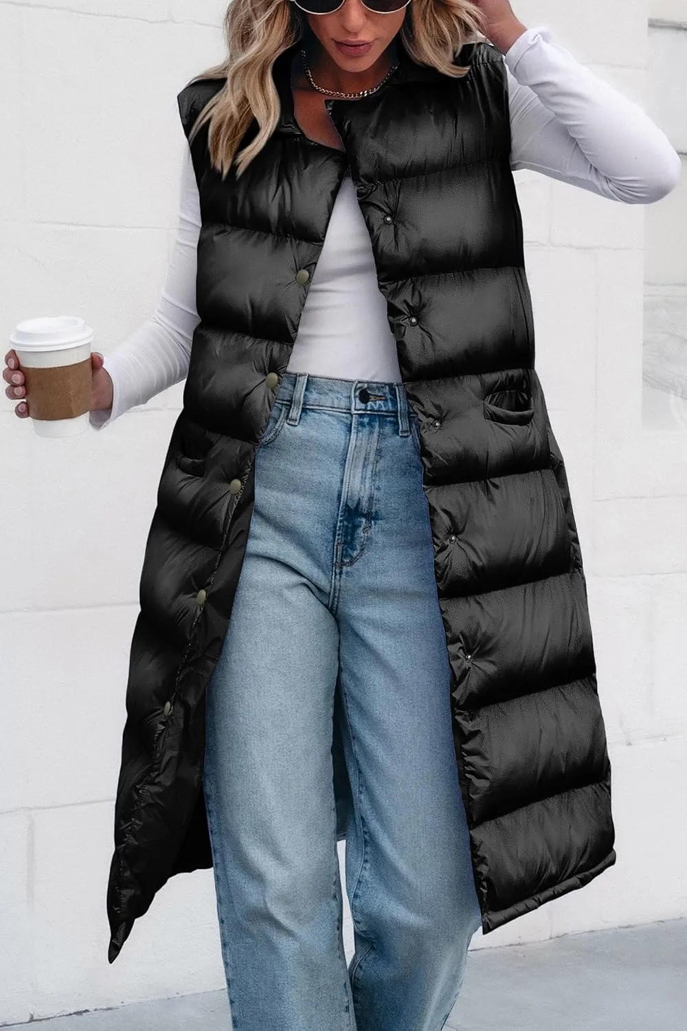 PRETTYGARDEN Women's Fall Long Puffer Vest Collared Sleeveless Button Down Warm Jackets Coat Casual Trendy Winter Outerwear