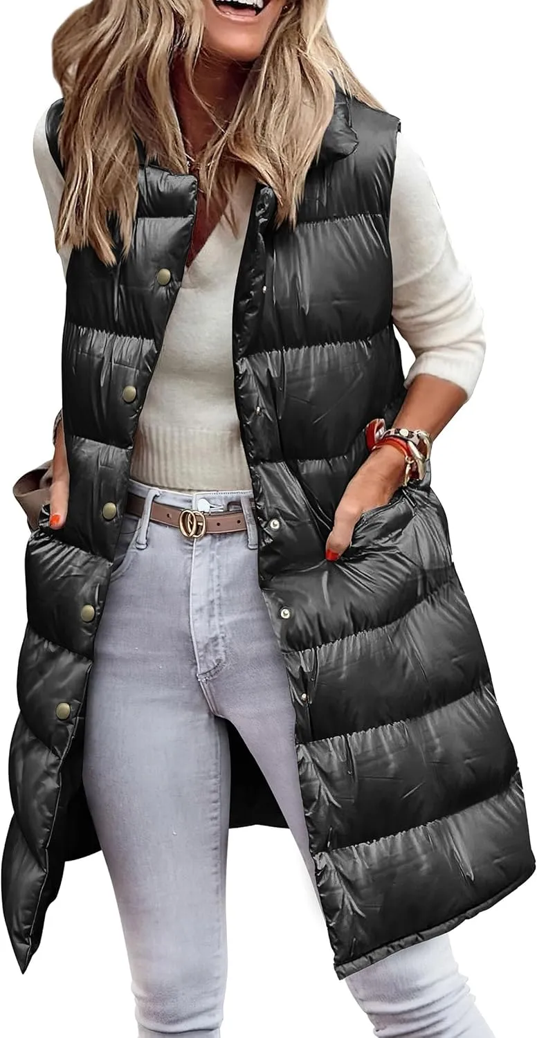 PRETTYGARDEN Women's Fall Long Puffer Vest Collared Sleeveless Button Down Warm Jackets Coat Casual Trendy Winter Outerwear