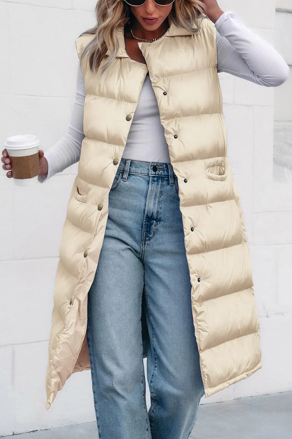 PRETTYGARDEN Women's Fall Long Puffer Vest Collared Sleeveless Button Down Warm Jackets Coat Casual Trendy Winter Outerwear