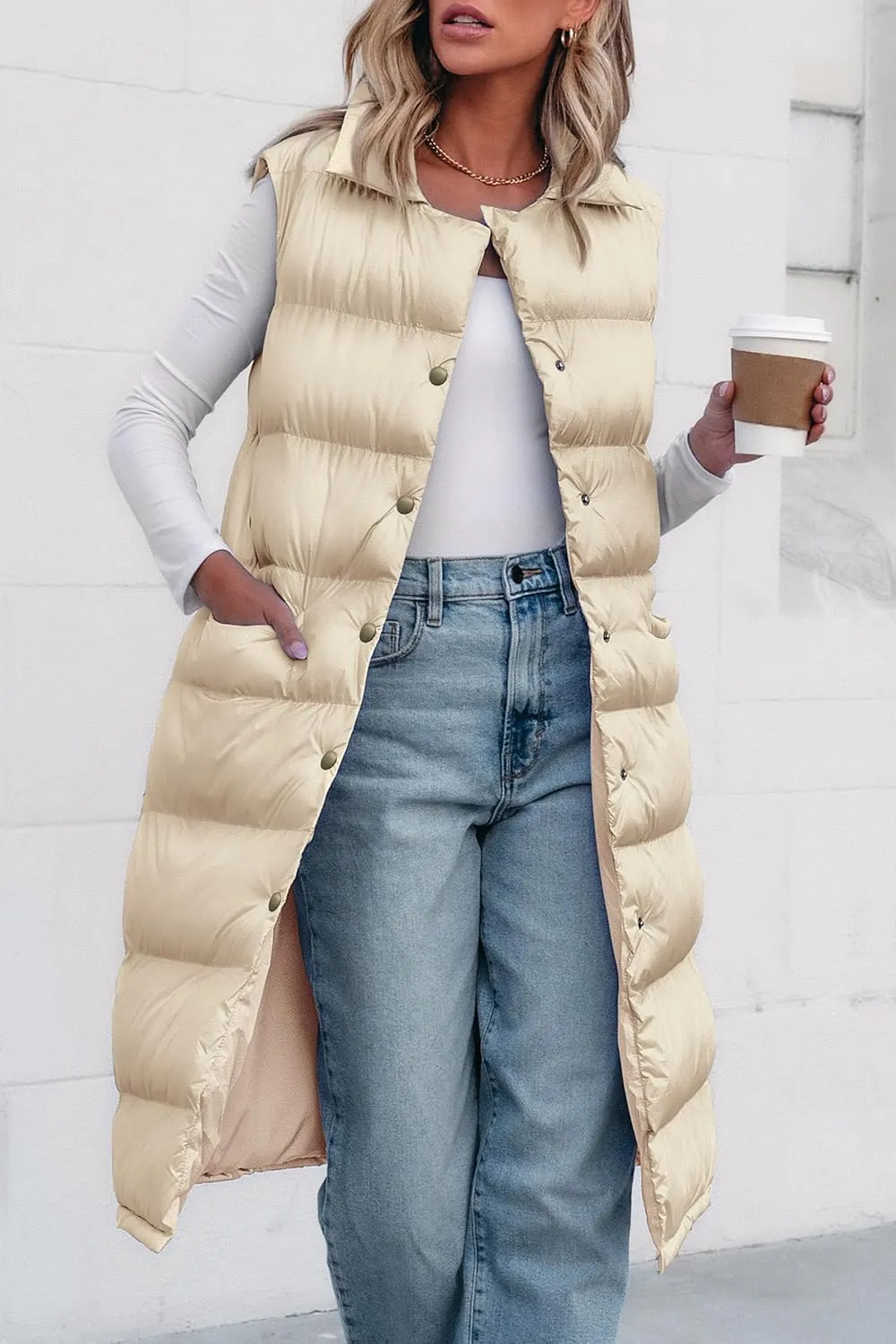 PRETTYGARDEN Women's Fall Long Puffer Vest Collared Sleeveless Button Down Warm Jackets Coat Casual Trendy Winter Outerwear