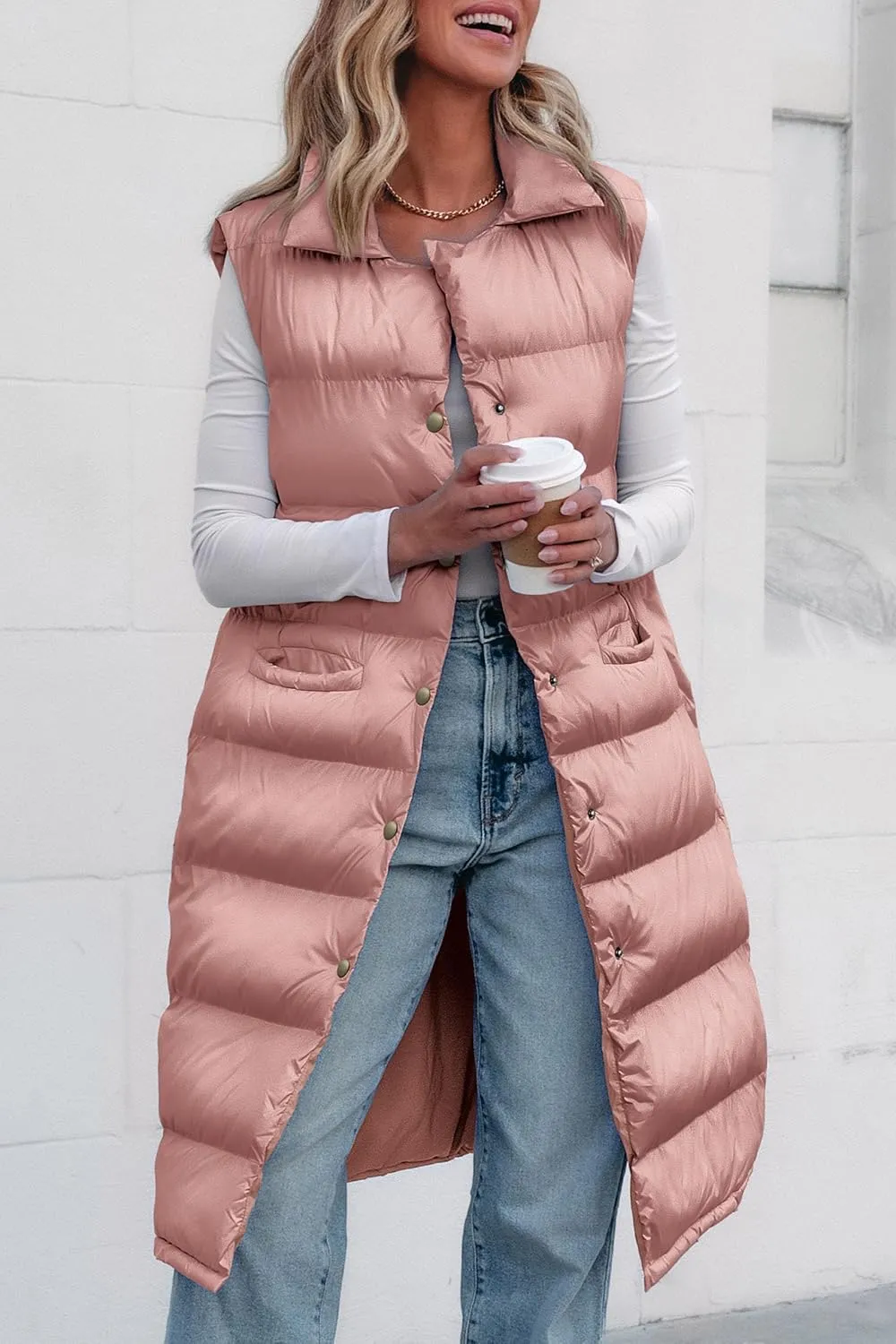 PRETTYGARDEN Women's Fall Long Puffer Vest Collared Sleeveless Button Down Warm Jackets Coat Casual Trendy Winter Outerwear