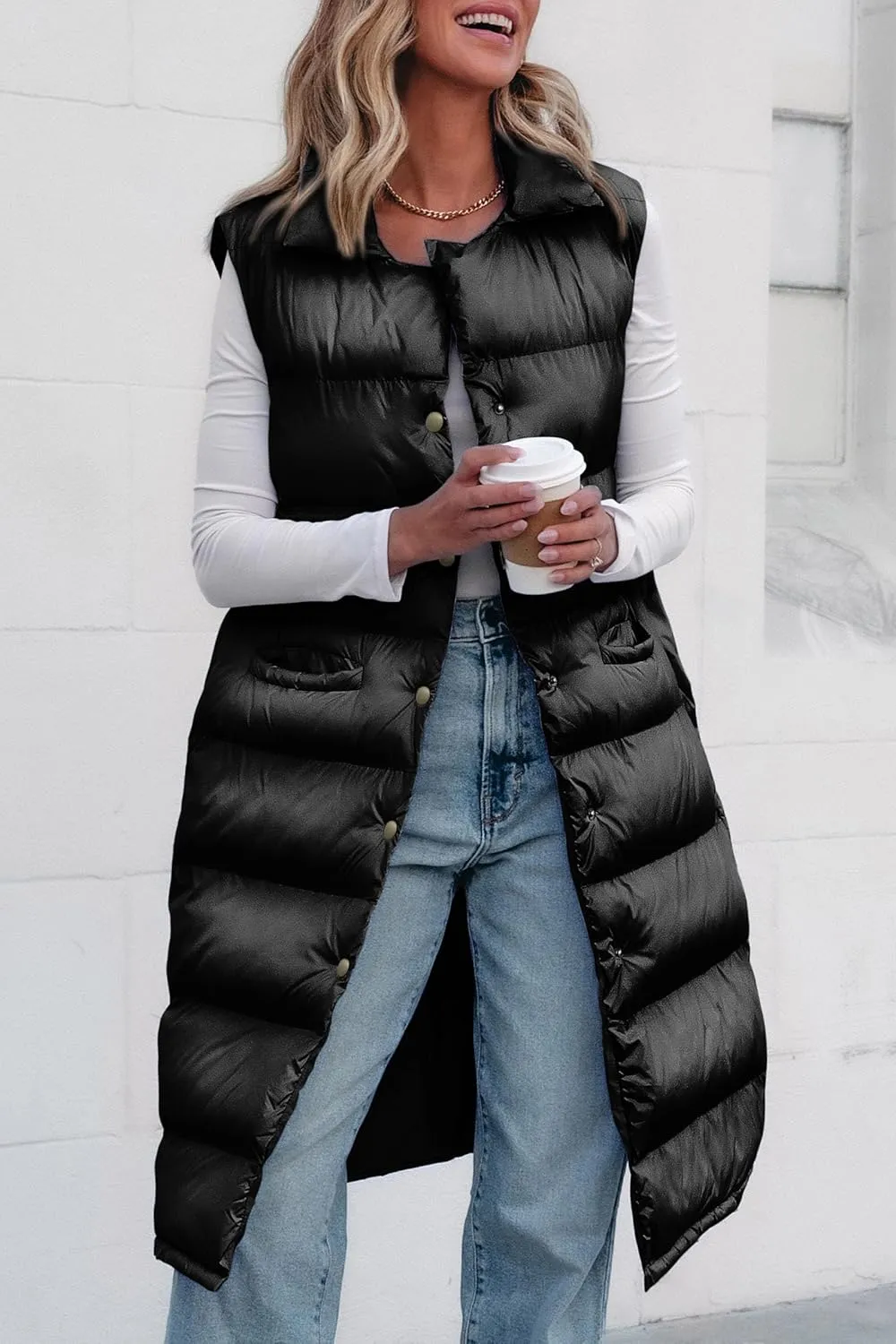 PRETTYGARDEN Women's Fall Long Puffer Vest Collared Sleeveless Button Down Warm Jackets Coat Casual Trendy Winter Outerwear