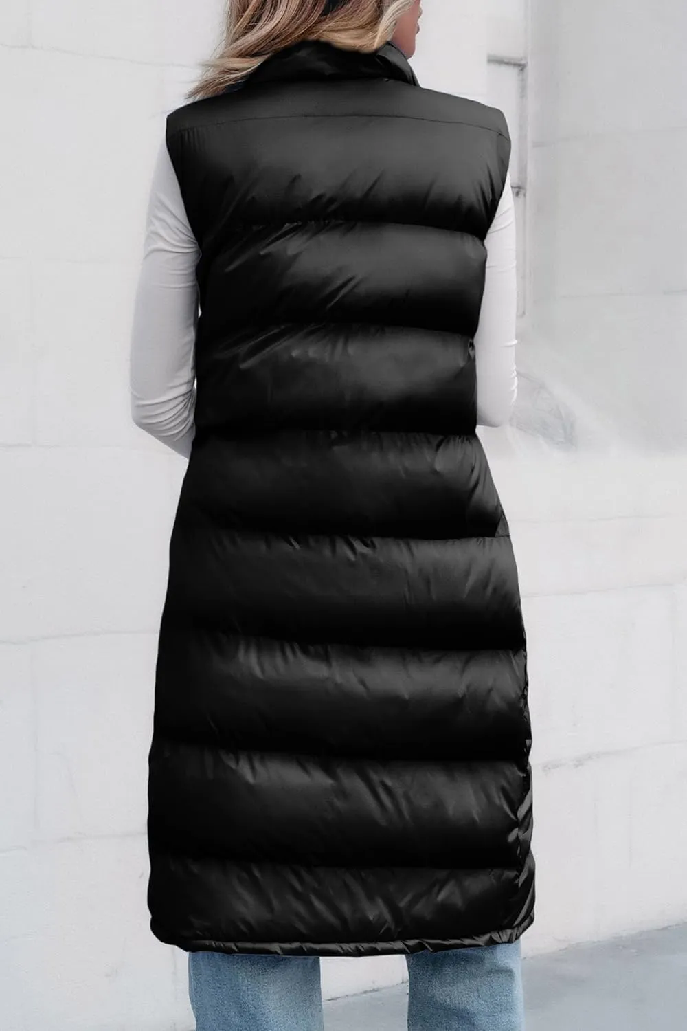 PRETTYGARDEN Women's Fall Long Puffer Vest Collared Sleeveless Button Down Warm Jackets Coat Casual Trendy Winter Outerwear