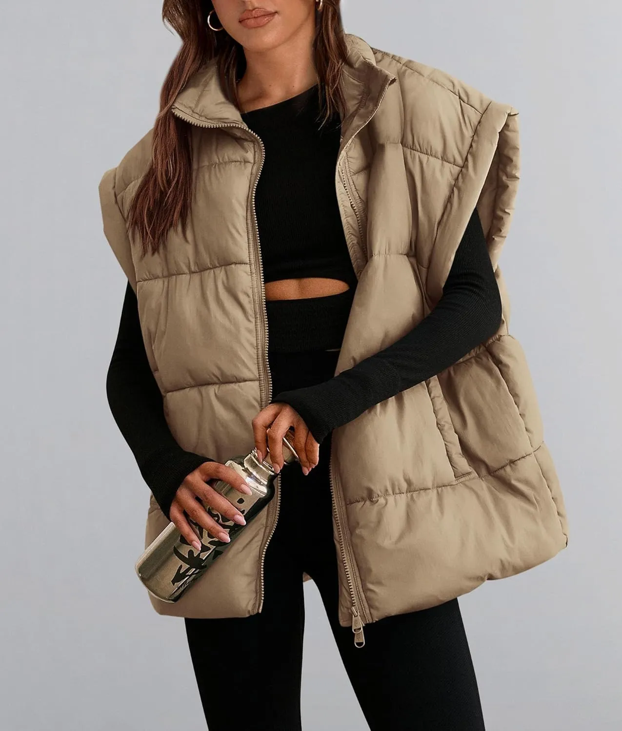 PRETTYGARDEN Women's Puffer Vest Fall Casual Stand Collar Lightweight Sleeveless Zip Up Padded Jackets Outerwear