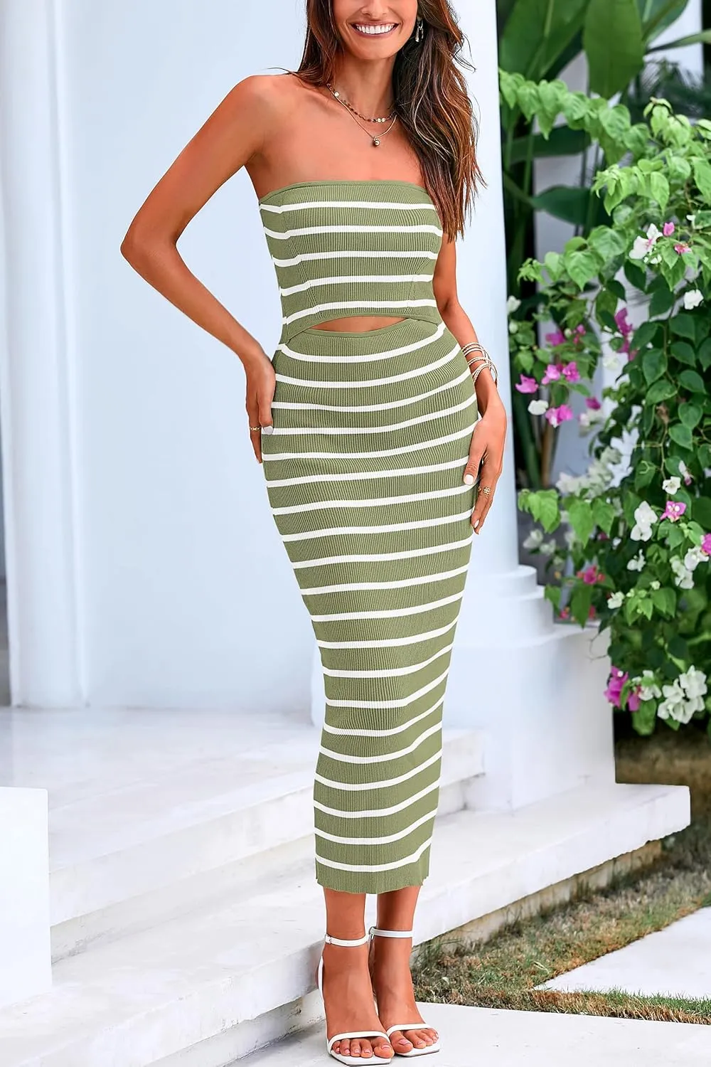 PRETTYGARDEN Women's Summer Midi Bodycon Dress Strapless Cut Out Knit Tube Long Fitted Dresses