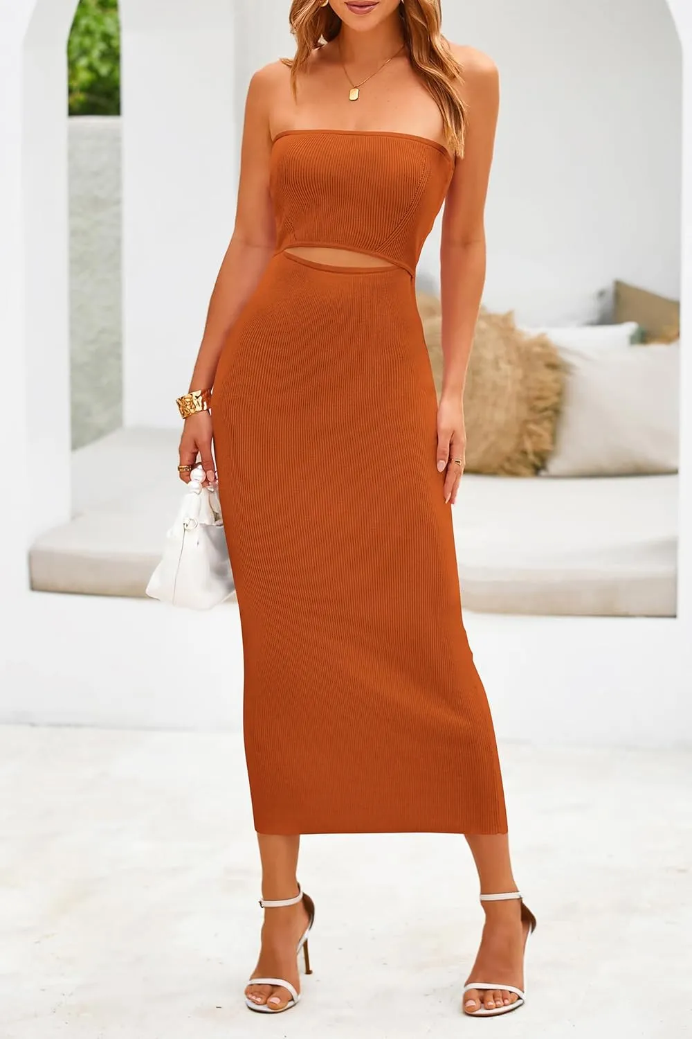 PRETTYGARDEN Women's Summer Midi Bodycon Dress Strapless Cut Out Knit Tube Long Fitted Dresses