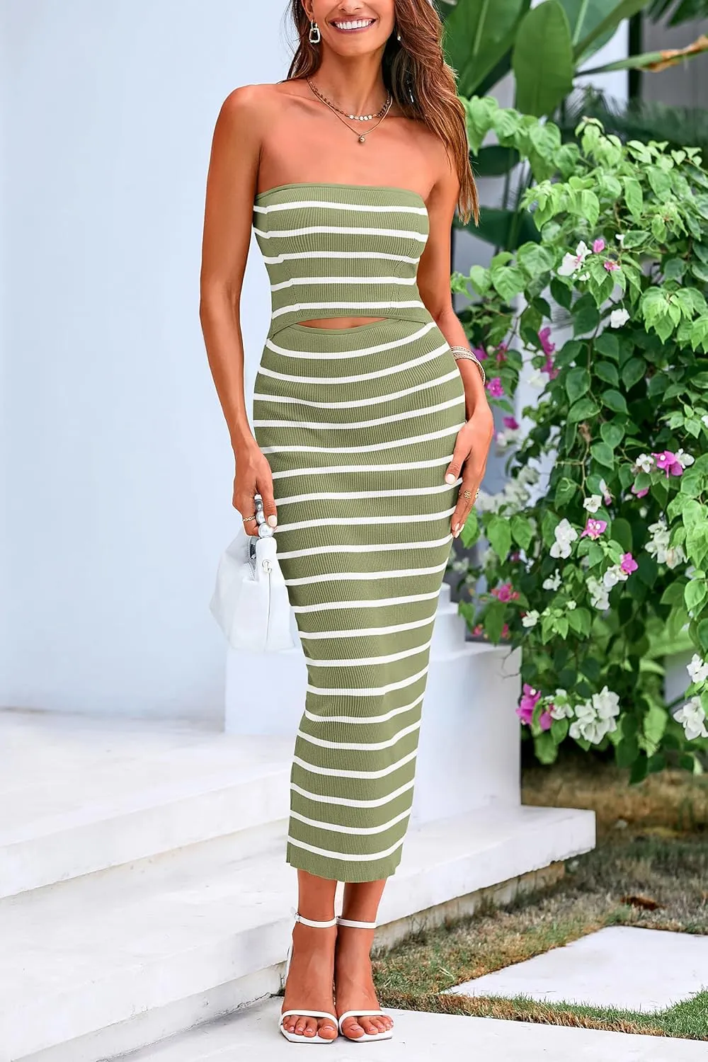 PRETTYGARDEN Women's Summer Midi Bodycon Dress Strapless Cut Out Knit Tube Long Fitted Dresses