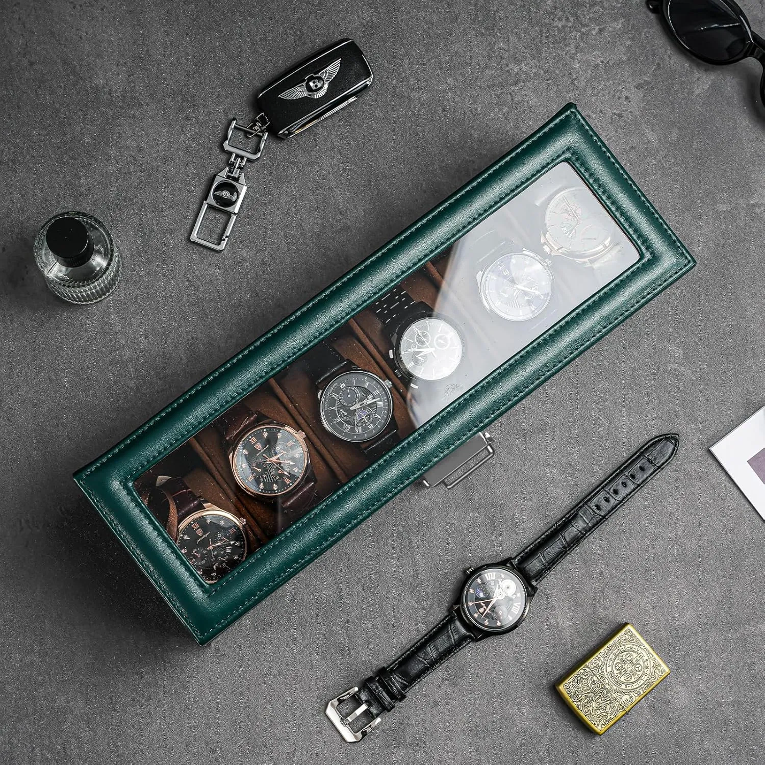 ProCase Men's Watch Box - 6 Slot Display Case with Drawer, Glass Lid, 2-Layer Jewelry & Watch Storage - Midnight Green