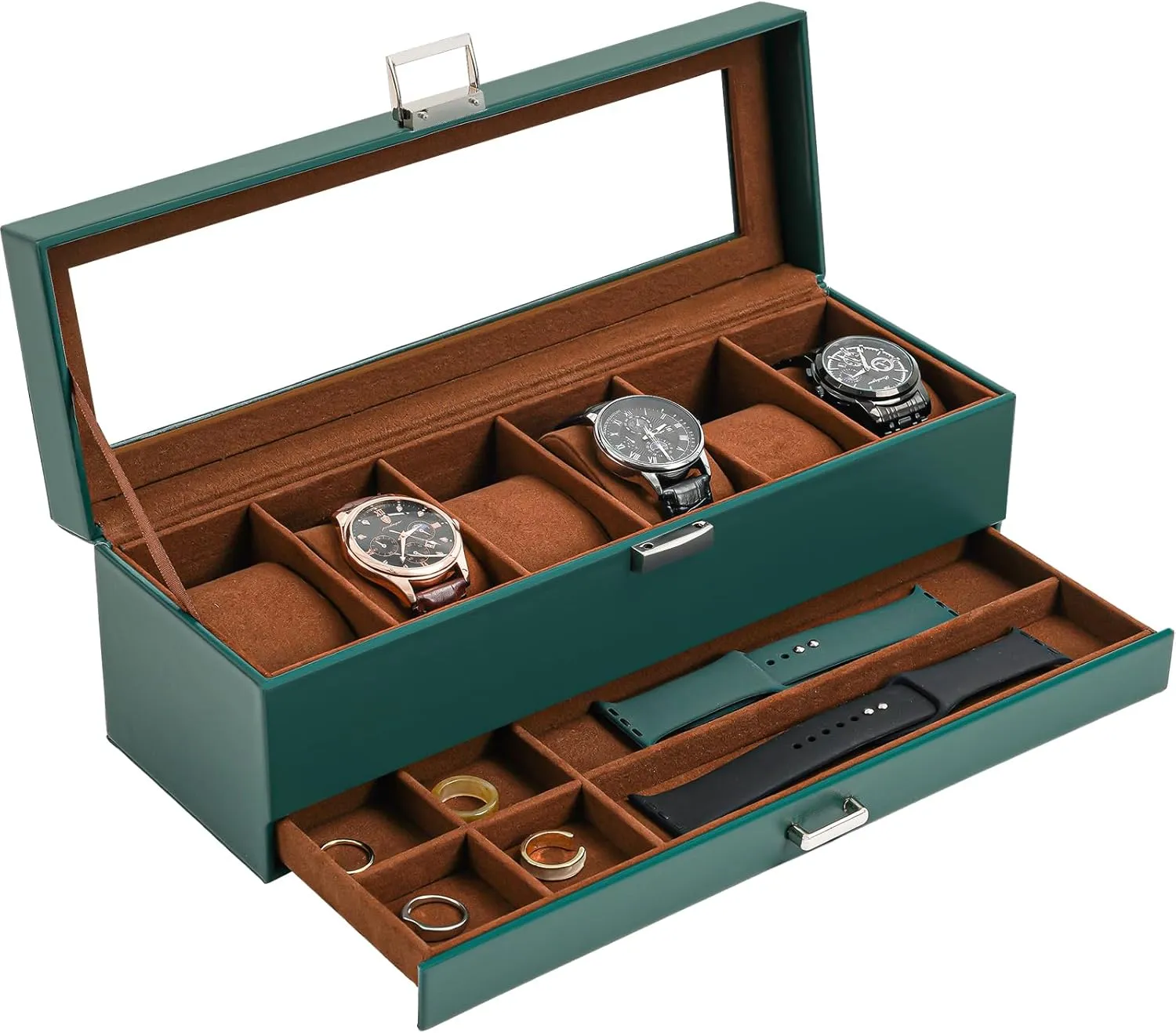 ProCase Men's Watch Box - 6 Slot Display Case with Drawer, Glass Lid, 2-Layer Jewelry & Watch Storage - Midnight Green