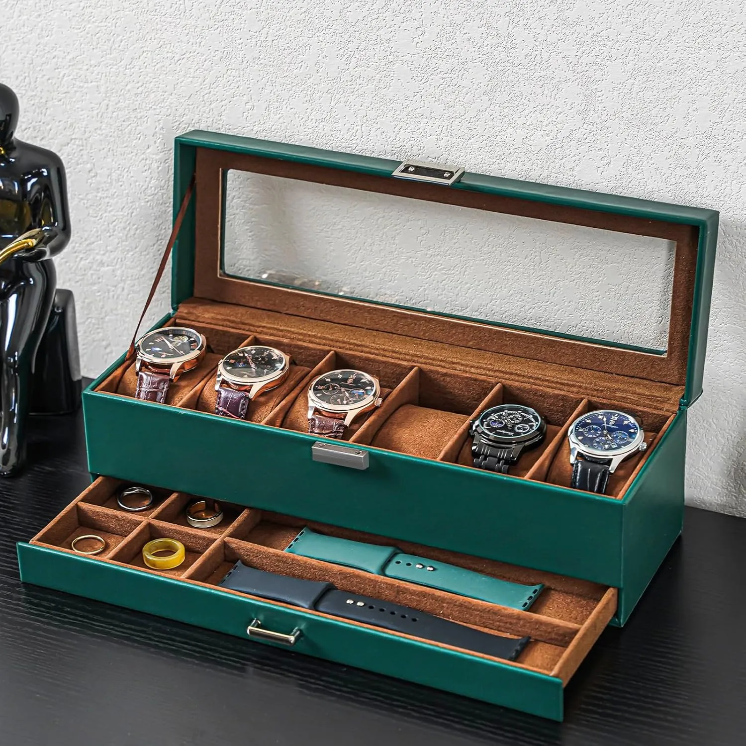 ProCase Men's Watch Box - 6 Slot Display Case with Drawer, Glass Lid, 2-Layer Jewelry & Watch Storage - Midnight Green