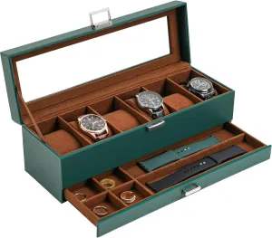 ProCase Men's Watch Box - 6 Slot Display Case with Drawer, Glass Lid, 2-Layer Jewelry & Watch Storage - Midnight Green