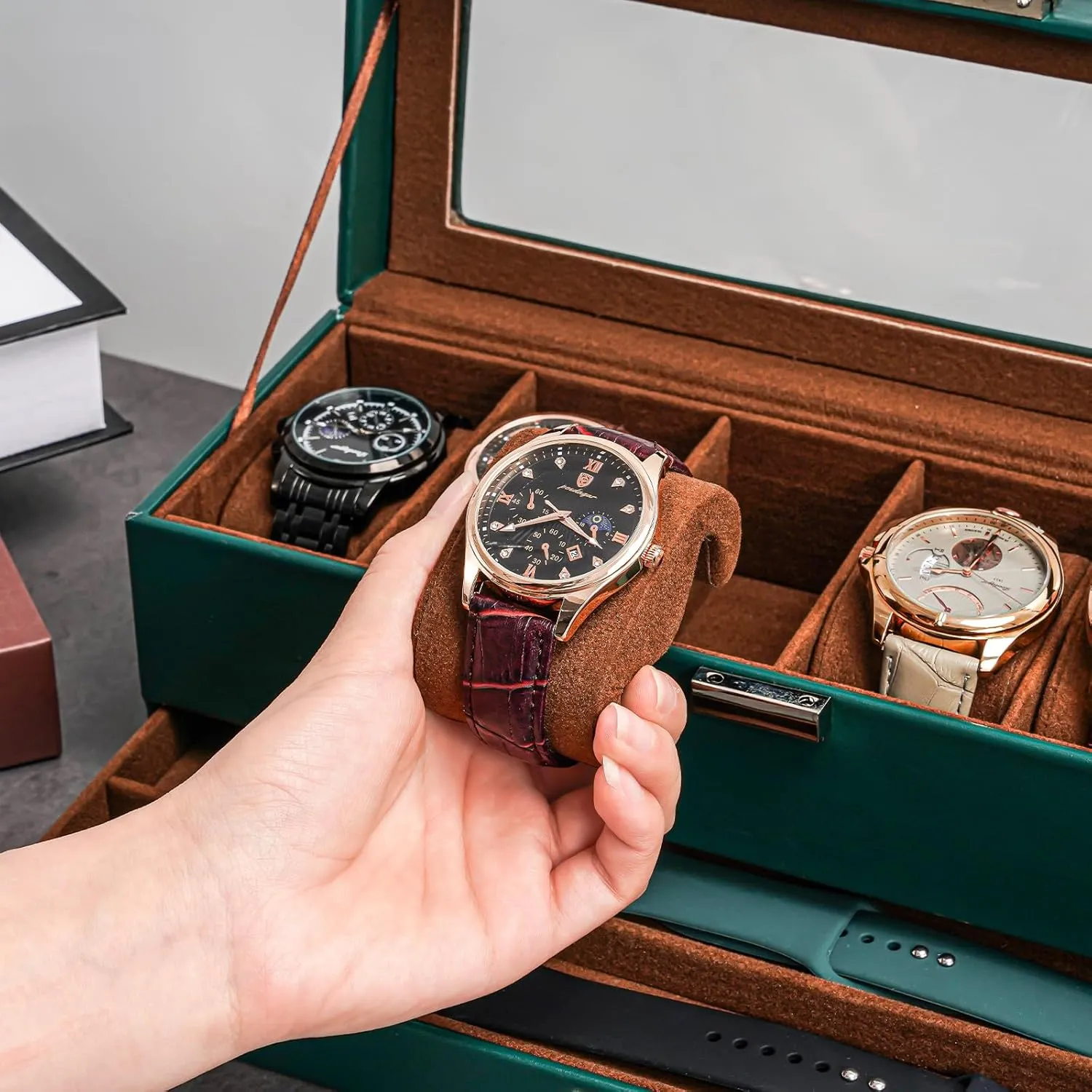 ProCase Men's Watch Box - 6 Slot Display Case with Drawer, Glass Lid, 2-Layer Jewelry & Watch Storage - Midnight Green