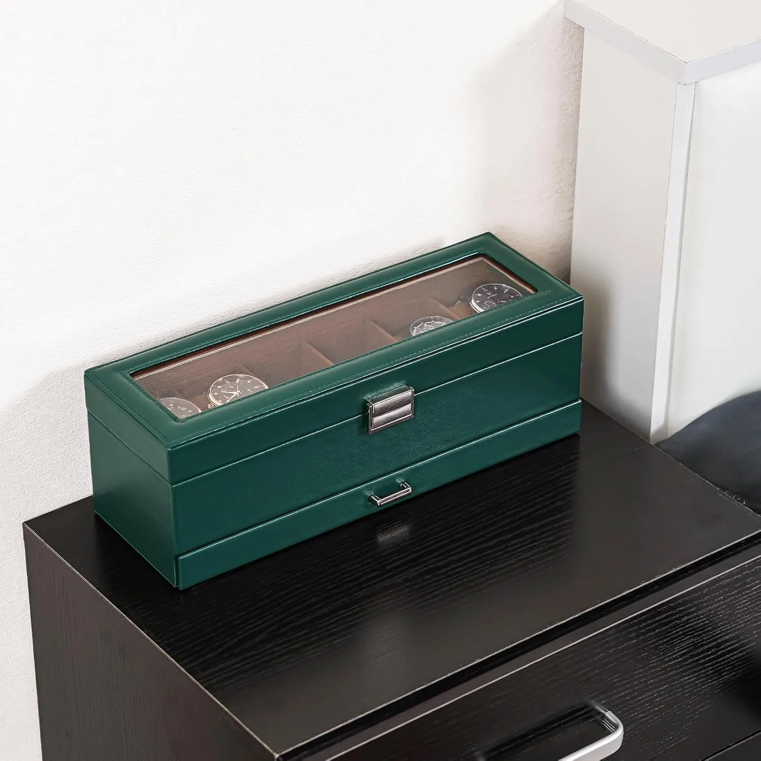 ProCase Men's Watch Box - 6 Slot Display Case with Drawer, Glass Lid, 2-Layer Jewelry & Watch Storage - Midnight Green