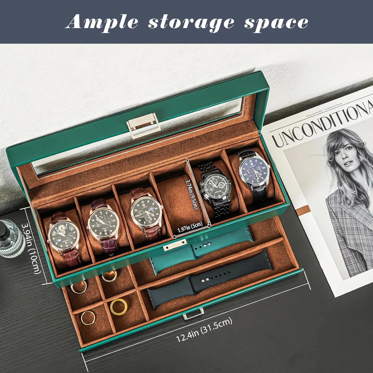 ProCase Men's Watch Box - 6 Slot Display Case with Drawer, Glass Lid, 2-Layer Jewelry & Watch Storage - Midnight Green