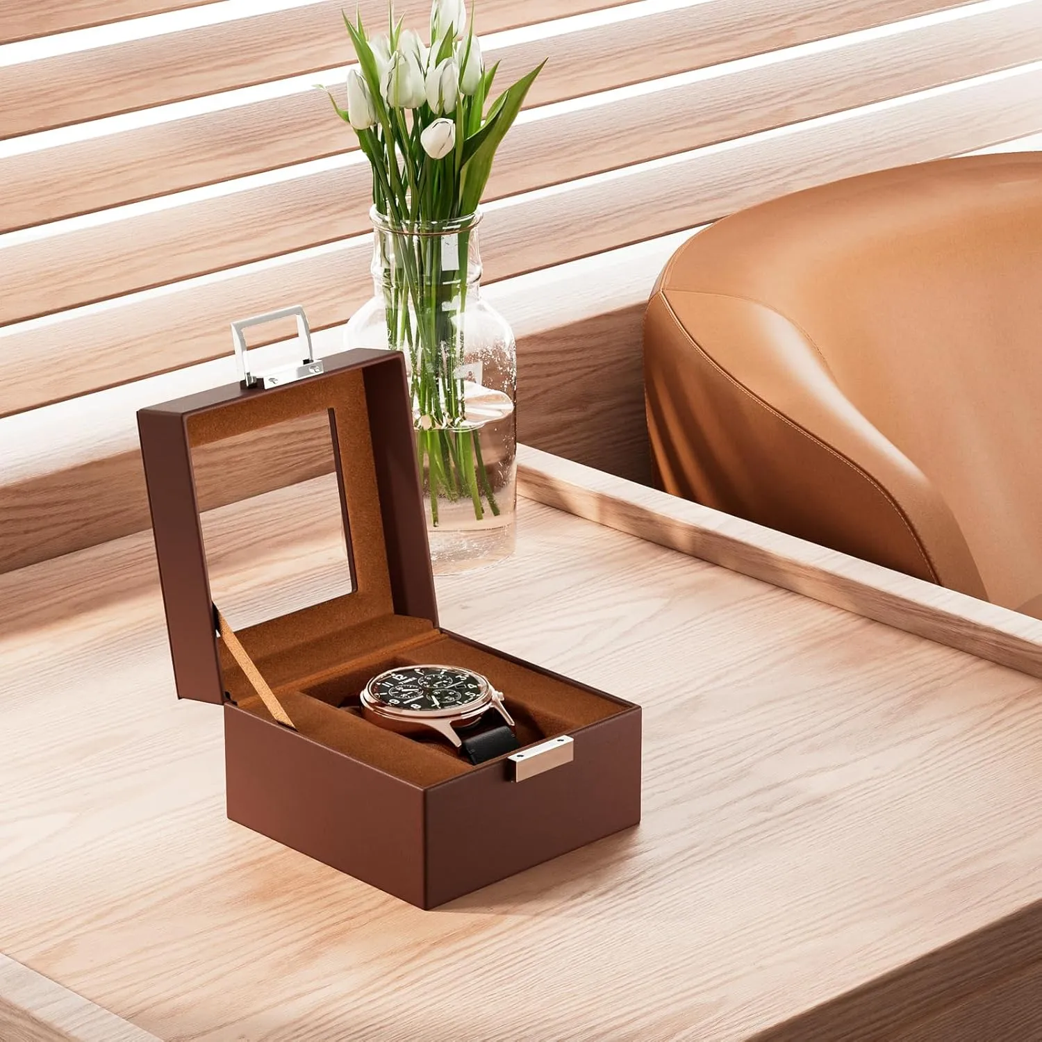 ProCase Single Watch Box for Men - Storage Holder Organizer With Glass Lid, 1 Slot Display Case - Espresso