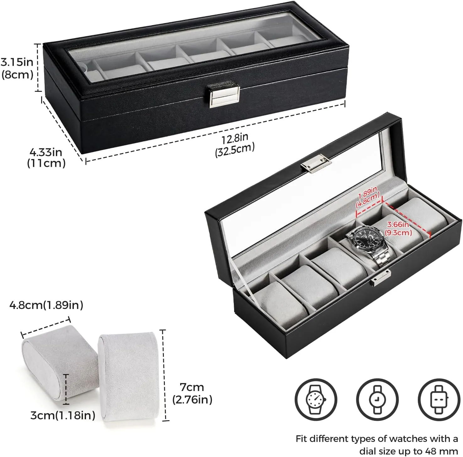ProCase Watch Box for Men, 6 Slot Mens Watch Case, Watch Storage Watch Holder Organizer for Men, Watch Display Case With Glass Lid -6 Slot, Black