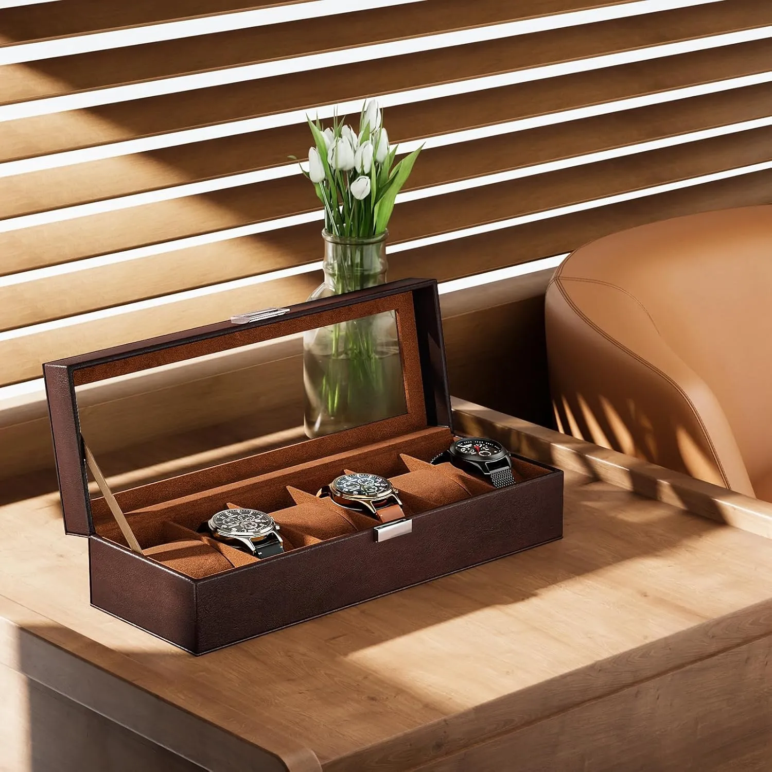 ProCase Watch Box for Men, 6 Slot Mens Watch Case, Watch Storage Watch Holder Organizer for Men, Watch Display Case With Glass Lid -6 Slot, Brown
