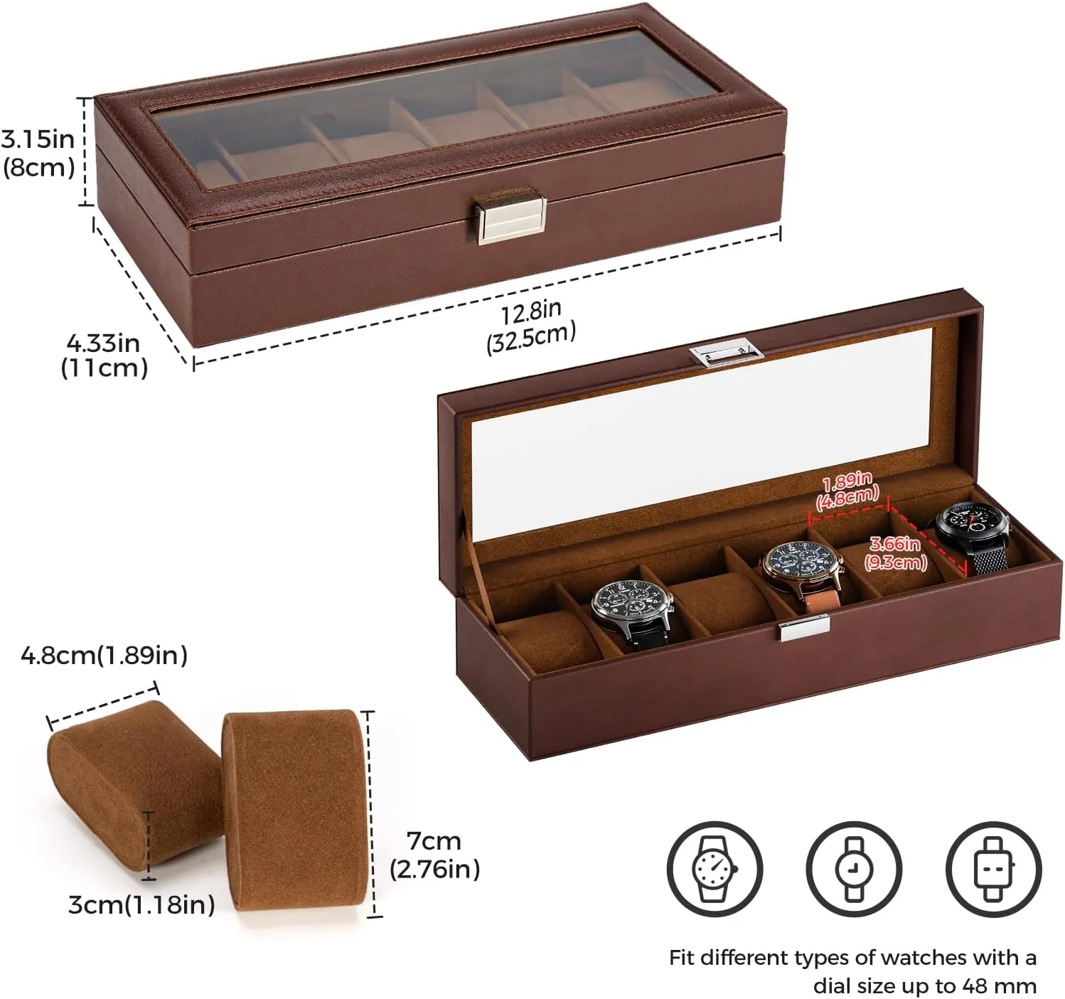 ProCase Watch Box for Men, 6 Slot Mens Watch Case, Watch Storage Watch Holder Organizer for Men, Watch Display Case With Glass Lid -6 Slot, Brown