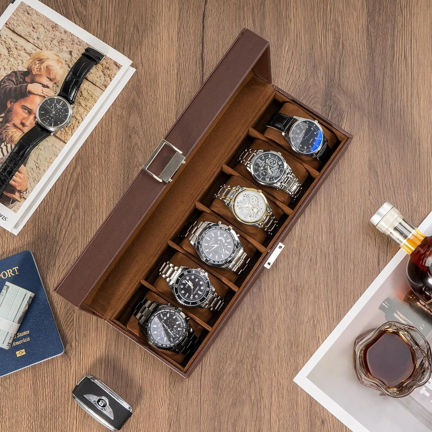ProCase Watch Box for Men, 6 Slot Mens Watch Case, Watch Storage Watch Holder Organizer for Men, Watch Display Case With Glass Lid -6 Slot, Brown