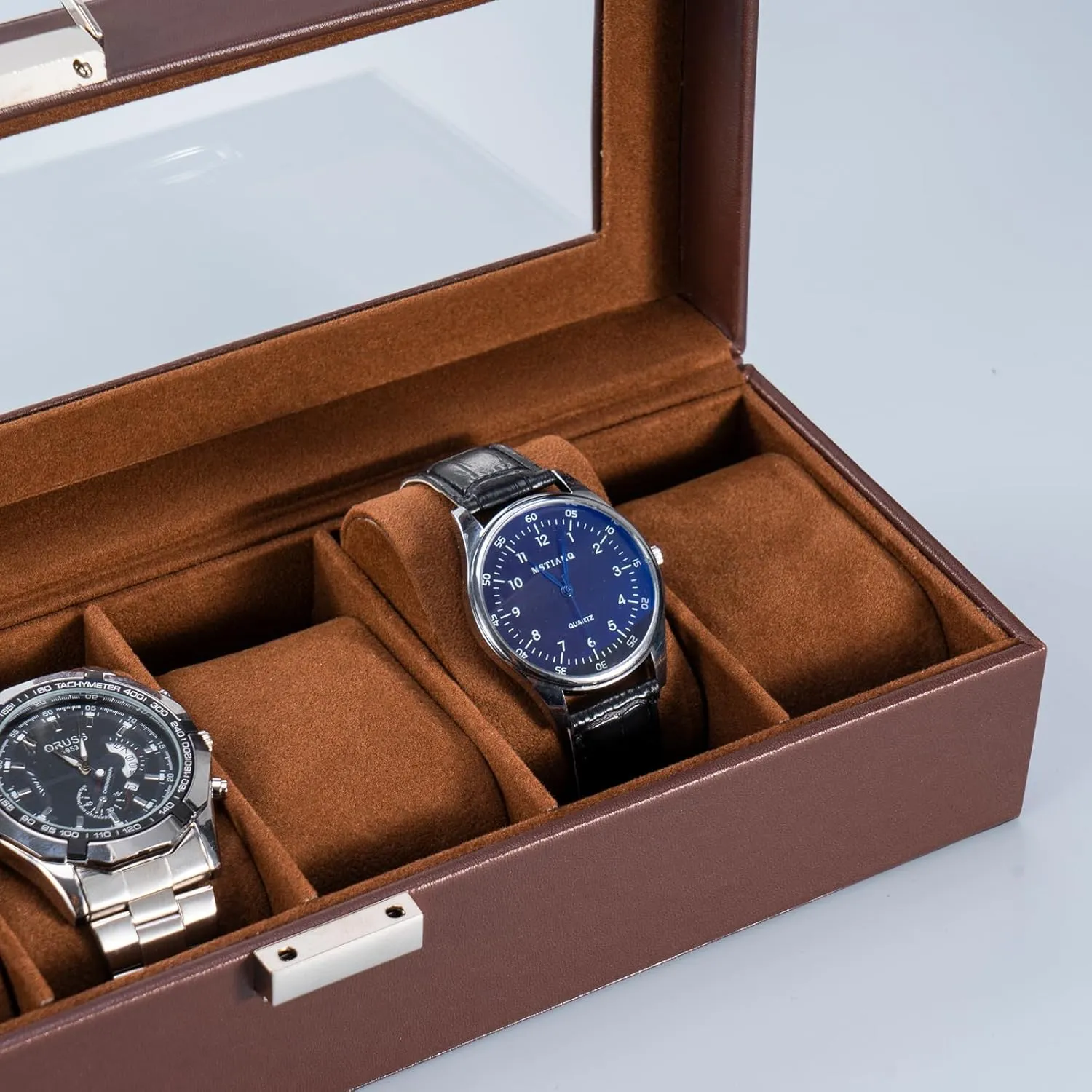 ProCase Watch Box for Men, 6 Slot Mens Watch Case, Watch Storage Watch Holder Organizer for Men, Watch Display Case With Glass Lid -6 Slot, Brown