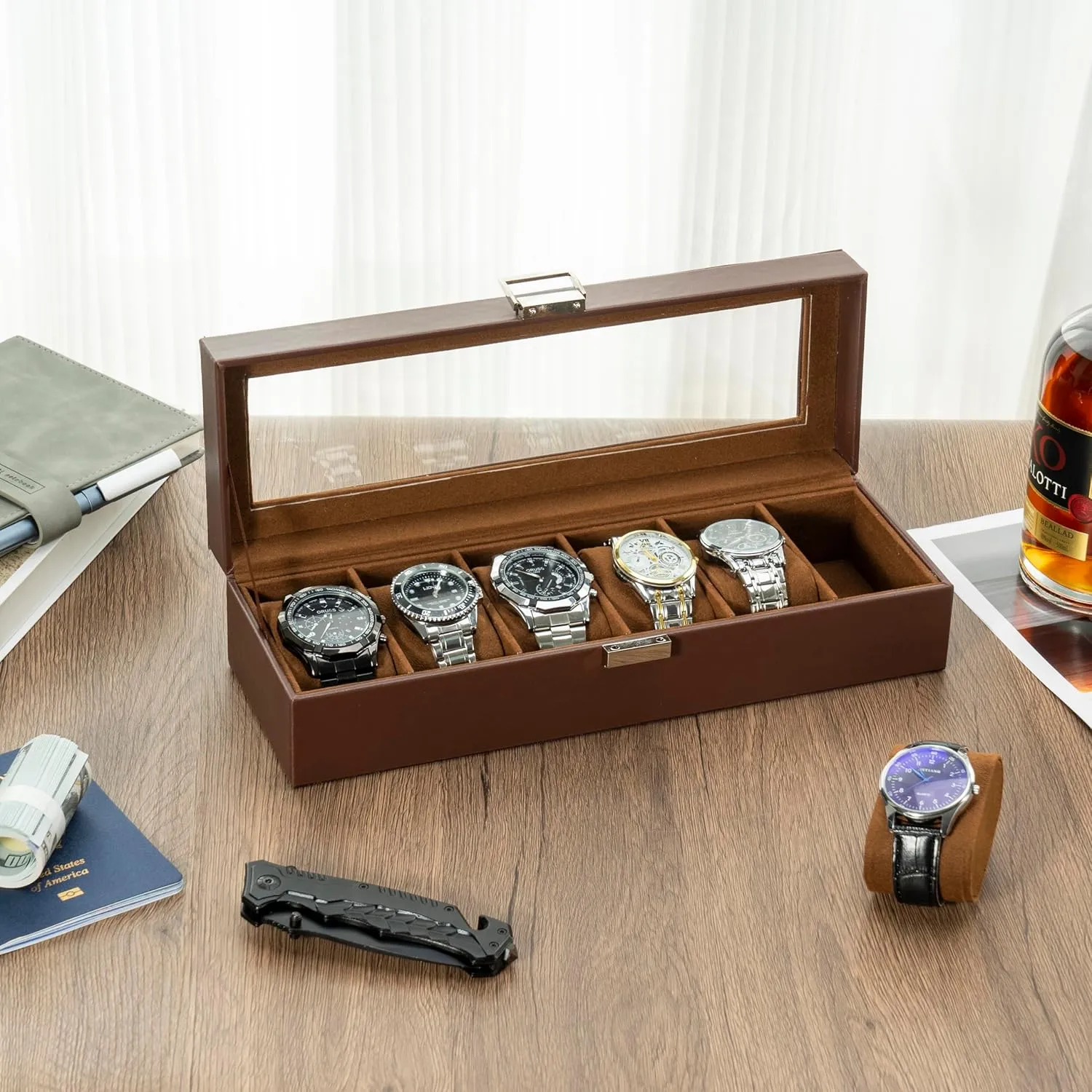 ProCase Watch Box for Men, 6 Slot Mens Watch Case, Watch Storage Watch Holder Organizer for Men, Watch Display Case With Glass Lid -6 Slot, Brown