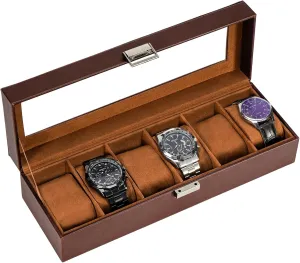 ProCase Watch Box for Men, 6 Slot Mens Watch Case, Watch Storage Watch Holder Organizer for Men, Watch Display Case With Glass Lid -6 Slot, Brown