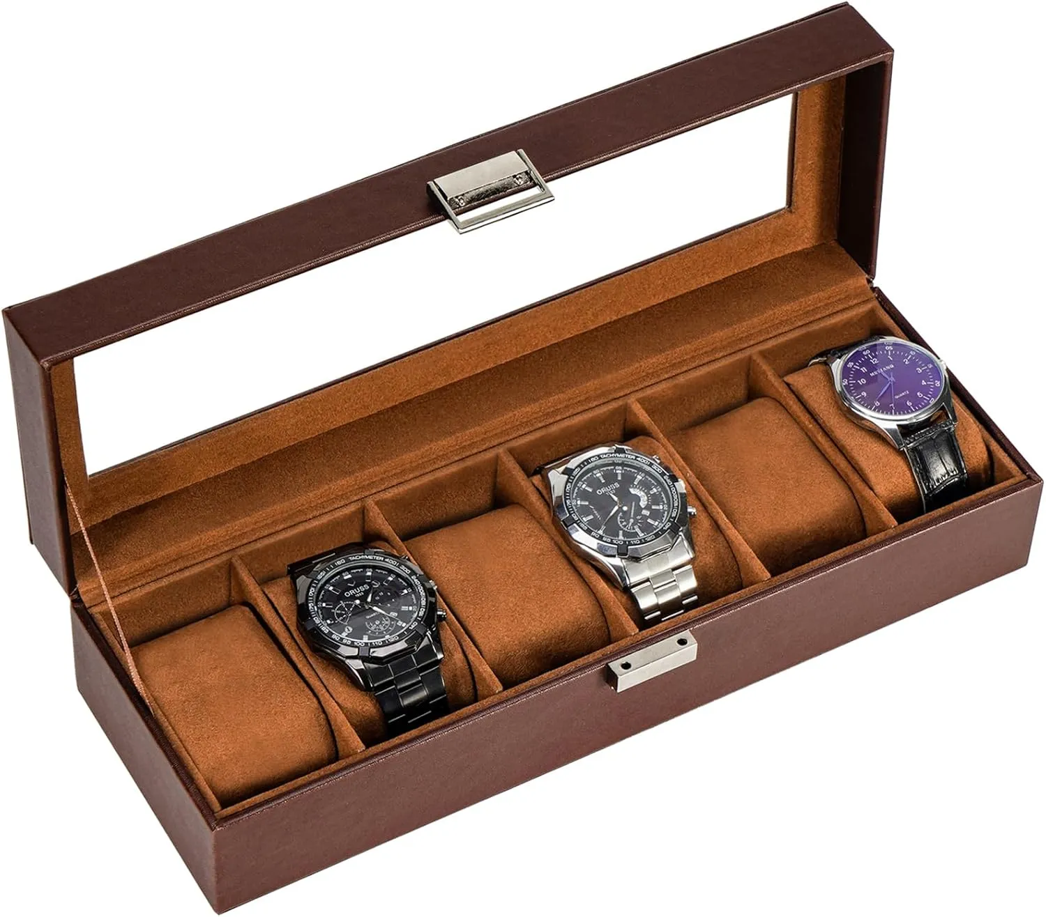 ProCase Watch Box for Men, 6 Slot Mens Watch Case, Watch Storage Watch Holder Organizer for Men, Watch Display Case With Glass Lid -6 Slot, Brown