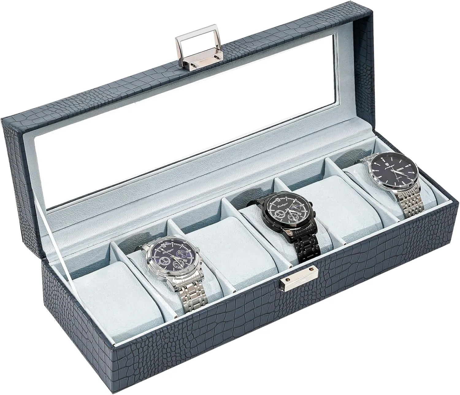 ProCase Watch Box for Men, 6 Slot Mens Watch Case, Watch Storage Watch Holder Organizer for Men, Watch Display Case With Glass Lid -6 Slot, CrocCobaltBlue