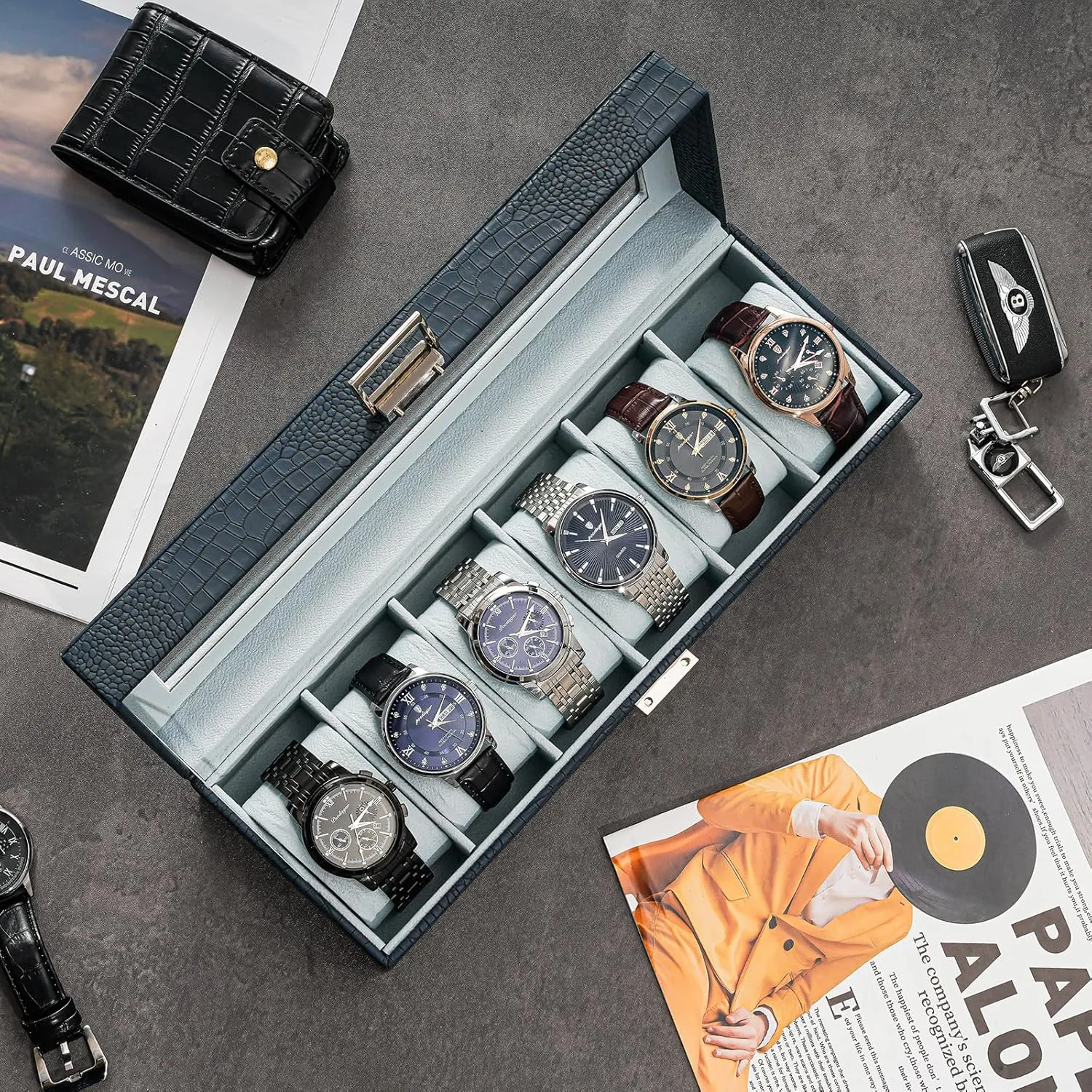 ProCase Watch Box for Men, 6 Slot Mens Watch Case, Watch Storage Watch Holder Organizer for Men, Watch Display Case With Glass Lid -6 Slot, CrocCobaltBlue