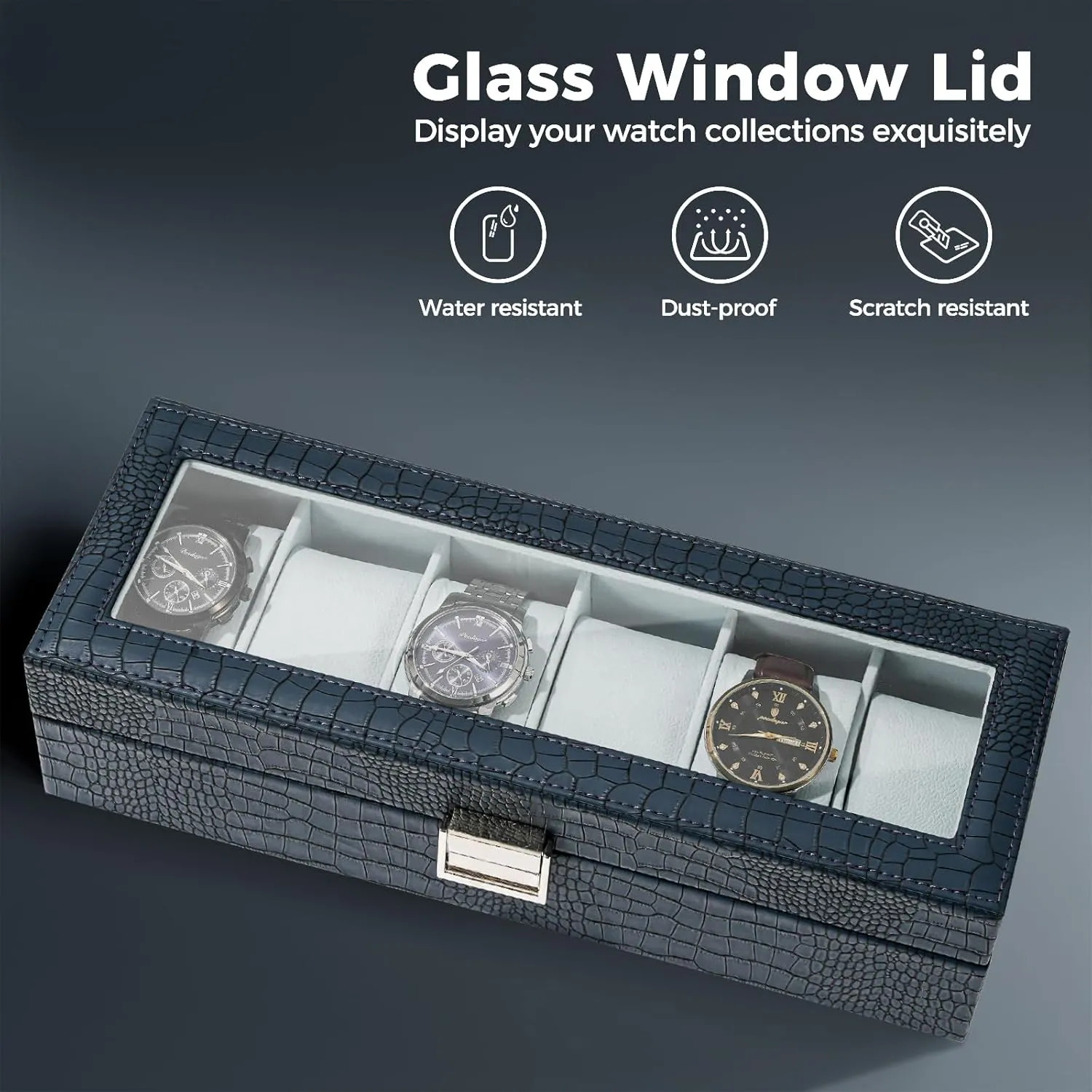 ProCase Watch Box for Men, 6 Slot Mens Watch Case, Watch Storage Watch Holder Organizer for Men, Watch Display Case With Glass Lid -6 Slot, CrocCobaltBlue