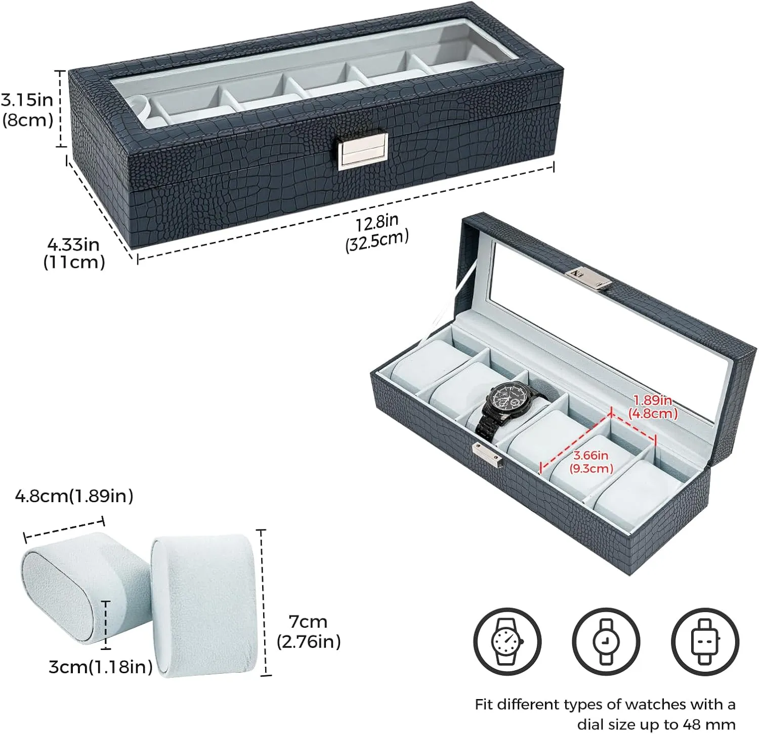 ProCase Watch Box for Men, 6 Slot Mens Watch Case, Watch Storage Watch Holder Organizer for Men, Watch Display Case With Glass Lid -6 Slot, CrocCobaltBlue