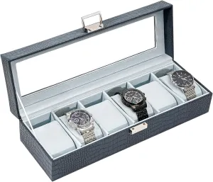 ProCase Watch Box for Men, 6 Slot Mens Watch Case, Watch Storage Watch Holder Organizer for Men, Watch Display Case With Glass Lid -6 Slot, CrocCobaltBlue
